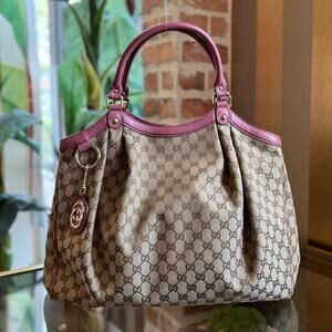 GUCCI Large Sukey Beige Pink GG Canvas Tote Bag